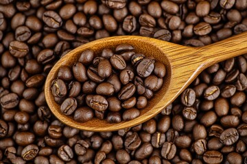 Fototapeta premium Coffee beans in a wooden spoon on a background of coffee beans wth generative ai