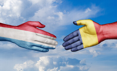 Romania and Luxembourg country handshaking with flags, consensus concept international co-operation illustration