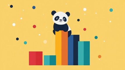 Naklejka premium Playful panda climbing over colorful bar graphs, symbolizing data processing in the Pandas library.