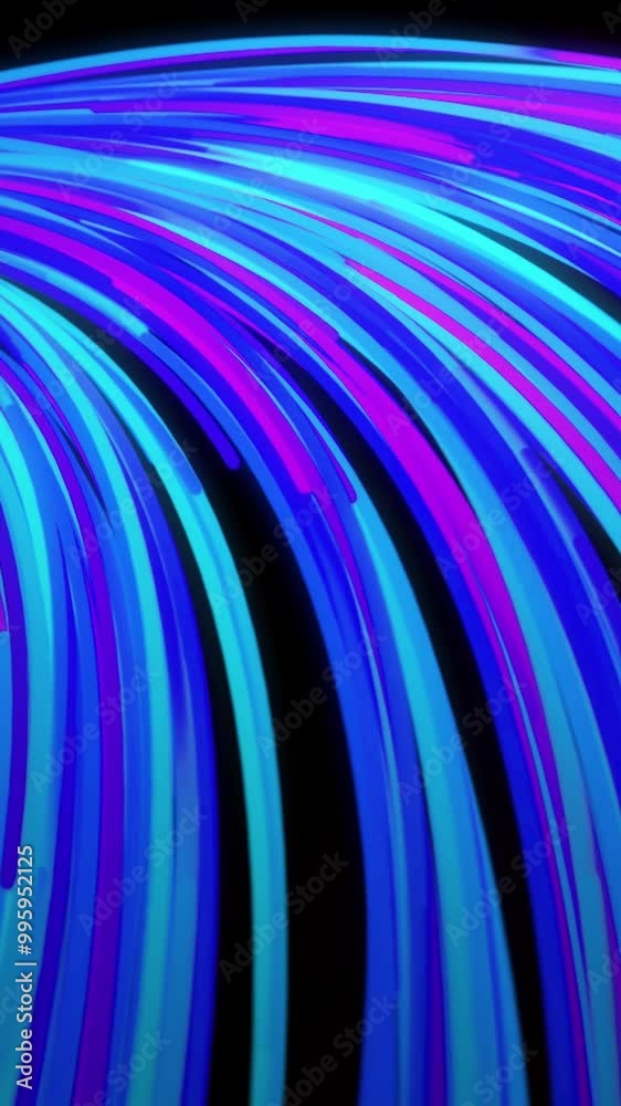 Poster curved stream of multicolored lines on black background. animation. abstract animation of curved pat