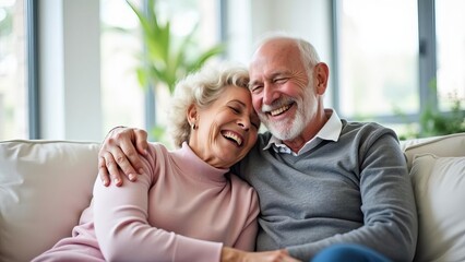 Happy Senior Couple Laughing: Joyful Elderly Spouses Sharing Lighthearted Moment on Cozy Living Room Sofa