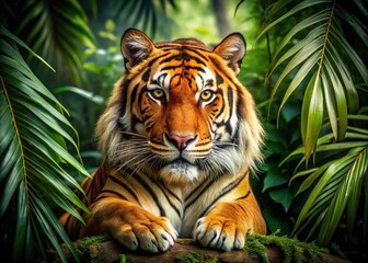 A sleek, golden-coated predator with piercing eyes and sharp claws, majestically posed in a lush jungle setting, exuding power and majesty.