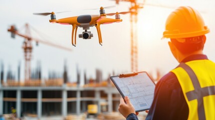 Drones surveying a large construction area capturing real-time data for project planning