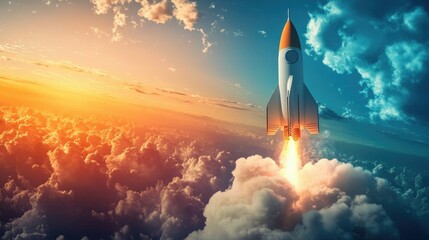 Rocket soaring skyward, symbolizing the pursuit of ambition and new ideas, set against a dynamic sky with a sense of innovation