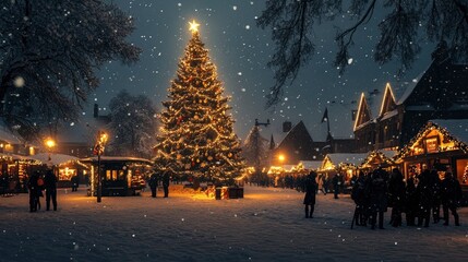 A festive Christmas tree in a town square, adorned with lights and ornaments, while snow gently falls and people gather around, sipping hot drinks.