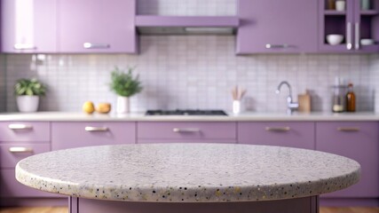 White terrazo table top against a lilac purple kitchen, ideal for product mock up showcase