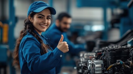 Fototapeta premium A woman in a blue uniform is giving a thumbs up to a man in a blue uniform