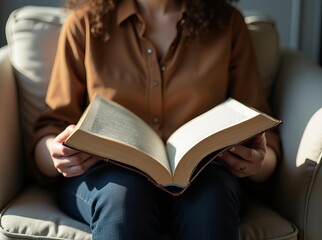 Obraz premium Woman Reading Book While Relaxing: Serene Moment of Literary Escape with Open Novel in Comfortable Home Setting, Embracing Quiet Leisure Time