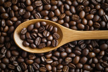 Fototapeta premium Coffee beans in a wooden spoon on a background of coffee beans wth generative ai