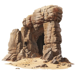 Ancient stone archway is standing in a sandy desert landscape with a dark opening leading to the unknown