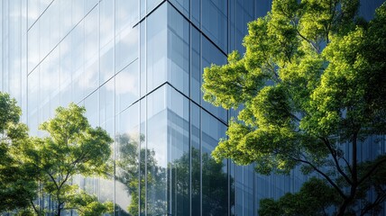 Modern office building with green trees. Sustainability and eco friendly business concept.
