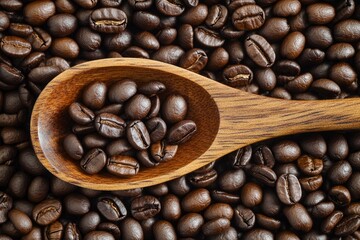 Fototapeta premium Coffee beans in a wooden spoon on a background of coffee beans wth generative ai