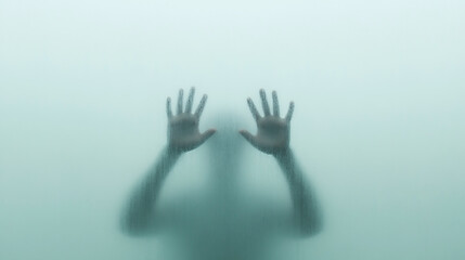 Obraz premium A person standing behind a transparent wall with their hands pressed against it, unable to escape, symbolizing the mental barriers that keep us trapped.