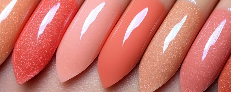 A collection of soft peach and beige lip gloss swatches with a glossy finish, reflecting light beautifully.
