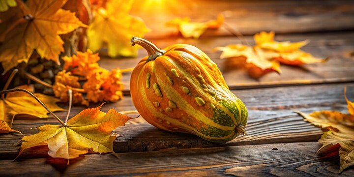 A vibrant orange-yellow slipper gourd sits on a rustic wooden table amidst autumnal leaves, surrounded by warm golden light and subtle shadows.