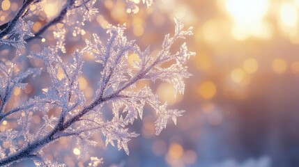 A frosted tree branch adorned with glistening ice crystals, sparkling in the sunlight.