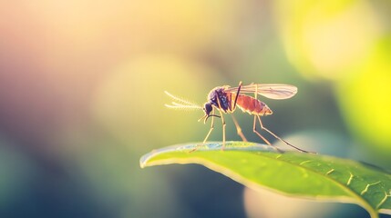 Naklejka premium Close-up of mosquito resting on leaf in tropical forest, emphasizing its role in transmitting viruses, shallow depth of field