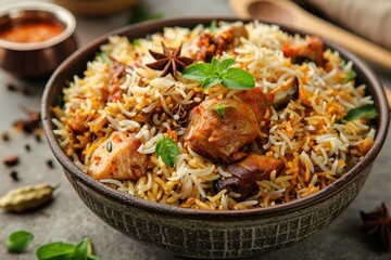 Fototapeta premium Delicious Spicy Chicken Biryani with Aromatic Herbs and Spices in Rustic Bowls