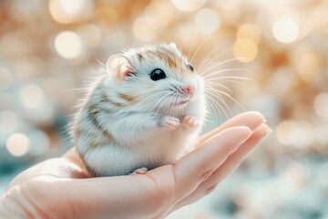 adorable hamster sitting in human hand with soft bokeh background