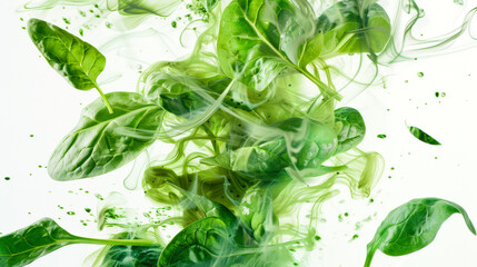 Green spinach leaves are floating in the green smoke. A bunch of green spinach leaves mixes with colored smoke, creating a fog effect. The concept of freshness and vitality