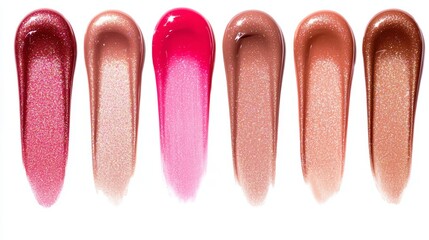 A set of trendy foiled lip gloss swatches in metallic pink, bronze, and coral tones, creating a glossy, reflective surface.