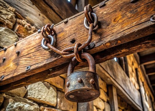 A worn iron collar with linked bars and a creaky lock hangs from a weathered wooden beam, testament to years of captivity.