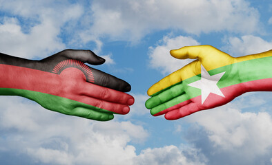 Myanmar aka Burma and Malawi country handshaking with flags, consensus concept international co-operation illustration