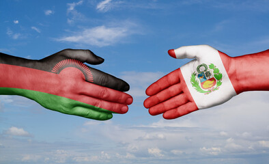 Peru and Malawi country handshaking with flags, consensus concept international co-operation illustration