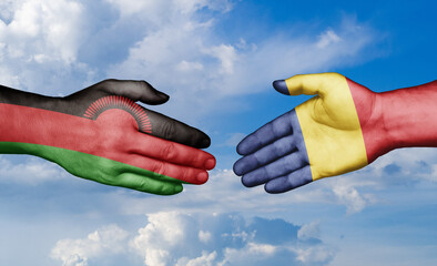 Romania and Malawi country handshaking with flags, consensus concept international co-operation illustration