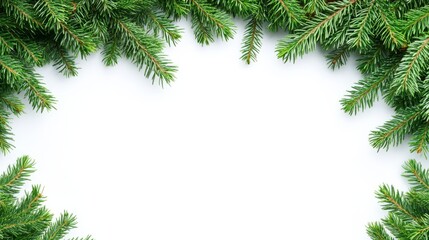 Obraz premium Fir tree branches framing white background, offering perfect copy space for Christmas and New Year celebration banners, holiday cards, and winter-themed promotions, top view in a clean flat lay style