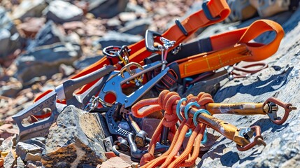 Wide shot of extreme sports training a focus on rock climbing techniques and gear