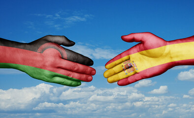 Spain and Malawi country handshaking with flags, consensus concept international co-operation illustration