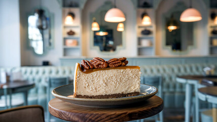 A delectable slice of classic New York-style cheesecake served on a plate with a soft, inviting cafe background, perfect for food blogs, menus, or culinary marketing visuals. 