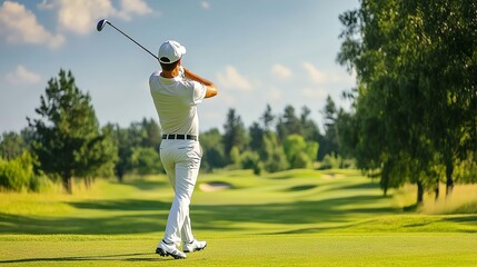 A golfer swings his club on a golf course.