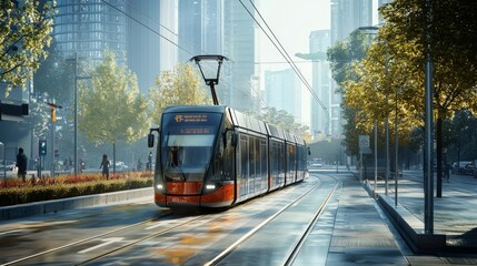 Obraz premium Modern tram or light rail transit. Public transportation systems in urban environments
