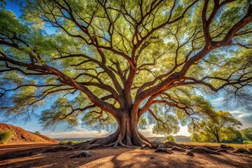 An elegant gray-brown trunk rises from the rust-hued earth, its sprawling branches stretching towards the sky, leaving a trail of dappled shadows.