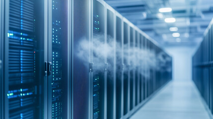 Fototapeta premium server room featuring advanced cooling systems with visible vapor highlighting innovation in data center infrastructure with copy space server room cooling systems technology innov