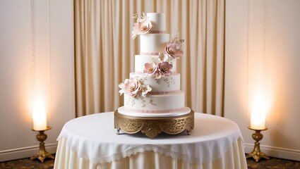 A rustic wedding cake with a naked design, adorned with fresh berries, edible flowers, and a simple wooden cake topper, set in an outdoor setting.