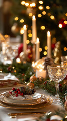 Elegantly Set Table for Traditional European Christmas Dinner  