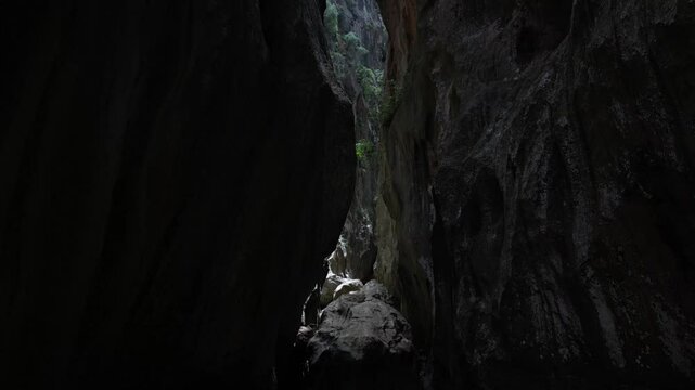 High angle footage of the tall steep cliffs of Gorg Dolc, Sa Calobra, Spain, 4k