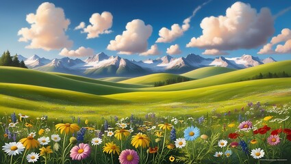 A beautiful meadow covered in a blanket of wildflowers, with mountains in the distance and fluffy white clouds drifting across the sky