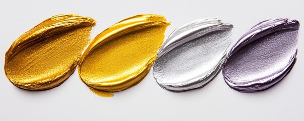 An array of liquid metallic eyeshadow swatches, featuring gold, silver, and violet hues, with a smooth, reflective foil texture.