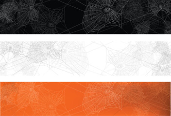 detailed spider web silhouette against black, white and orange wall - halloween theme dark realistic copy space vector banners set with empty trap outlines
