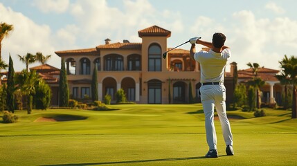 Obraz premium A golfer takes a swing on a golf course with a large mansion in the background.