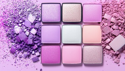 An artistic display of iridescent highlighter swatches in shades of lavender, pearl, and silver, with a soft, prismatic shine.