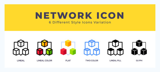 Network icon set. outline. glyph black. flat color and filled line color