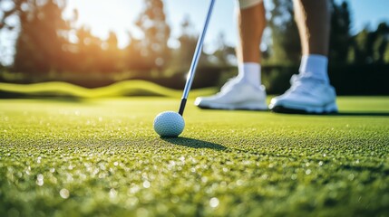 A golfer lines up a putt on a green golf course.