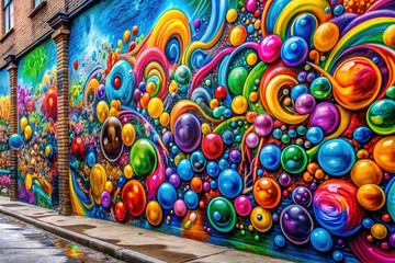 Fototapeta premium Colorful bubble letters swirl across a distressed urban wall, creating a dynamic street art mural with eclectic whimsy and playfulness that's hard to ignore.