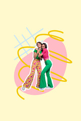 Composite trend artwork sketch image photo collage of cloud sky silhouette two young woman couple date cuddle together fashion retro style