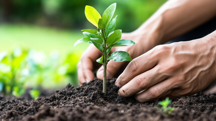 Close-up of hands planting a tree sapling in the soil, reforestation efforts, environmental conservation, sustainability, eco-friendly action